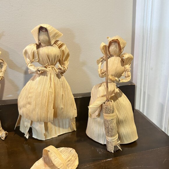 Vintage Rustic Corn Husk Dolls Set of 5 Handmade Folk Art Thanksgiving Decor - Picture 8 of 8